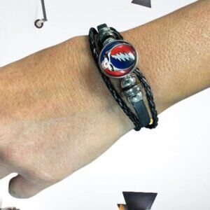 Gratefu Dead Faux Leather Bracelet Adjustable Steal Your Face Cabochon Charm New